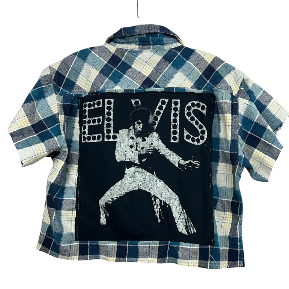 Sojara Women‎ Upcycled Elvis Graphic Plaid Flannel Top Sz L Cropped Grunge Rock